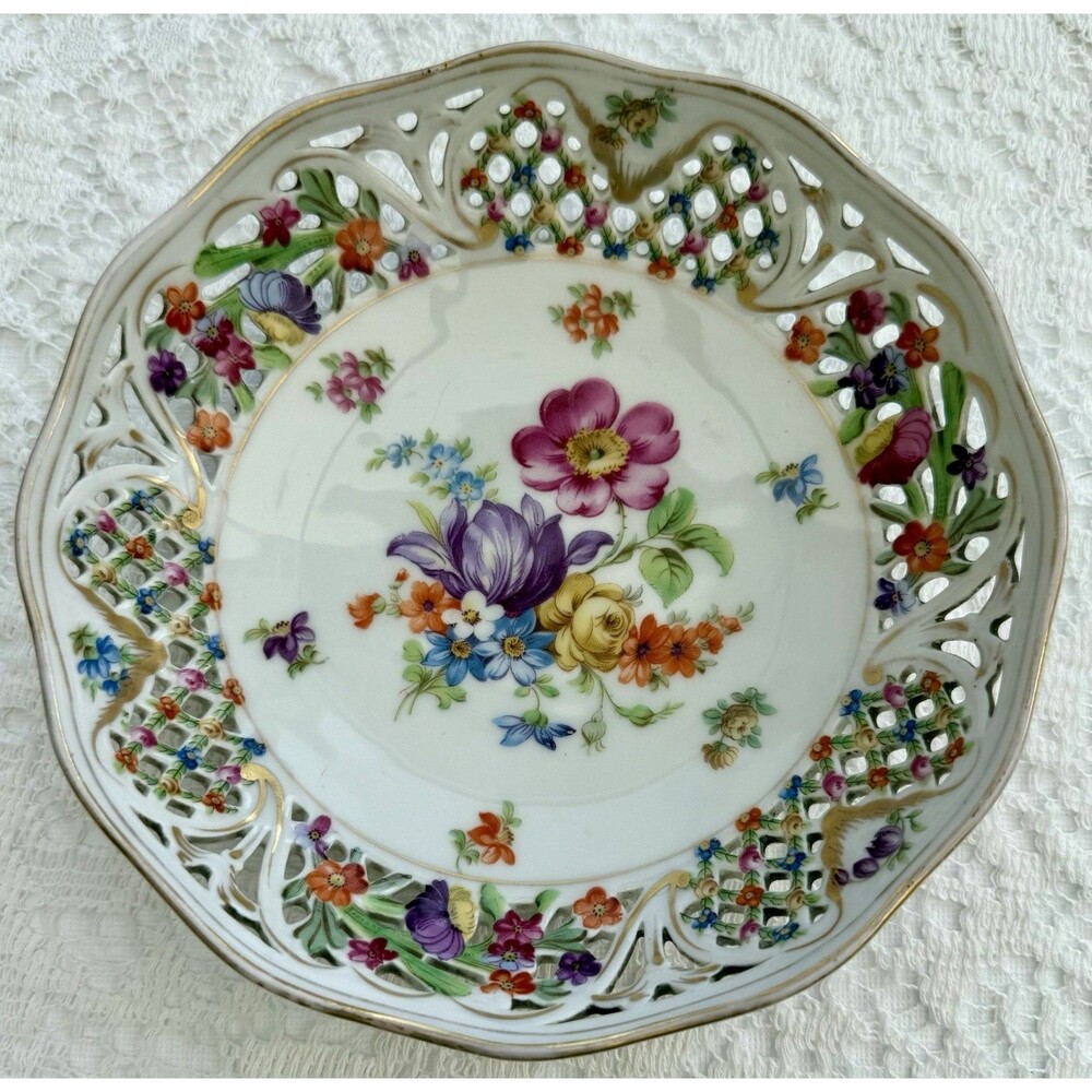 Dresden Bavaria Germany Porcelain Reticulated Flowers Bowl CROWN MARK Schumann